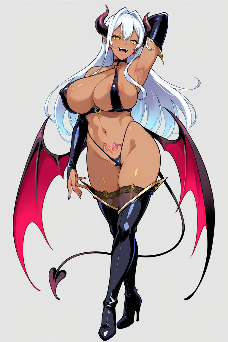 masterpiece , source_anime  , 1girl, mature female,  breasts, horns, tail, pubic tattoo, solo, demon tail, demon girl, tattoo, long hair, wings, dark-skinned female, dark skin, demon wings, pointy ears, earrings, high heels, thighhighs, demon horns, jewelry, boots, bridal gauntlets, swimsuit, navel, open mouth, , armpits, smile, evil smile