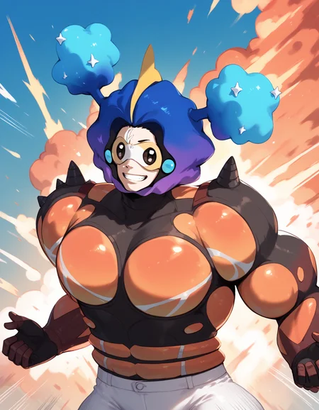 (score_9,score_8_up,score_7_up),
1boy,alola man,spikes,solo,male focus,muscular,massive thighs,manly,speed lines,dynamic_angle,
smile,explosion,upper body, 
<lora:alola_man_pony:1>,