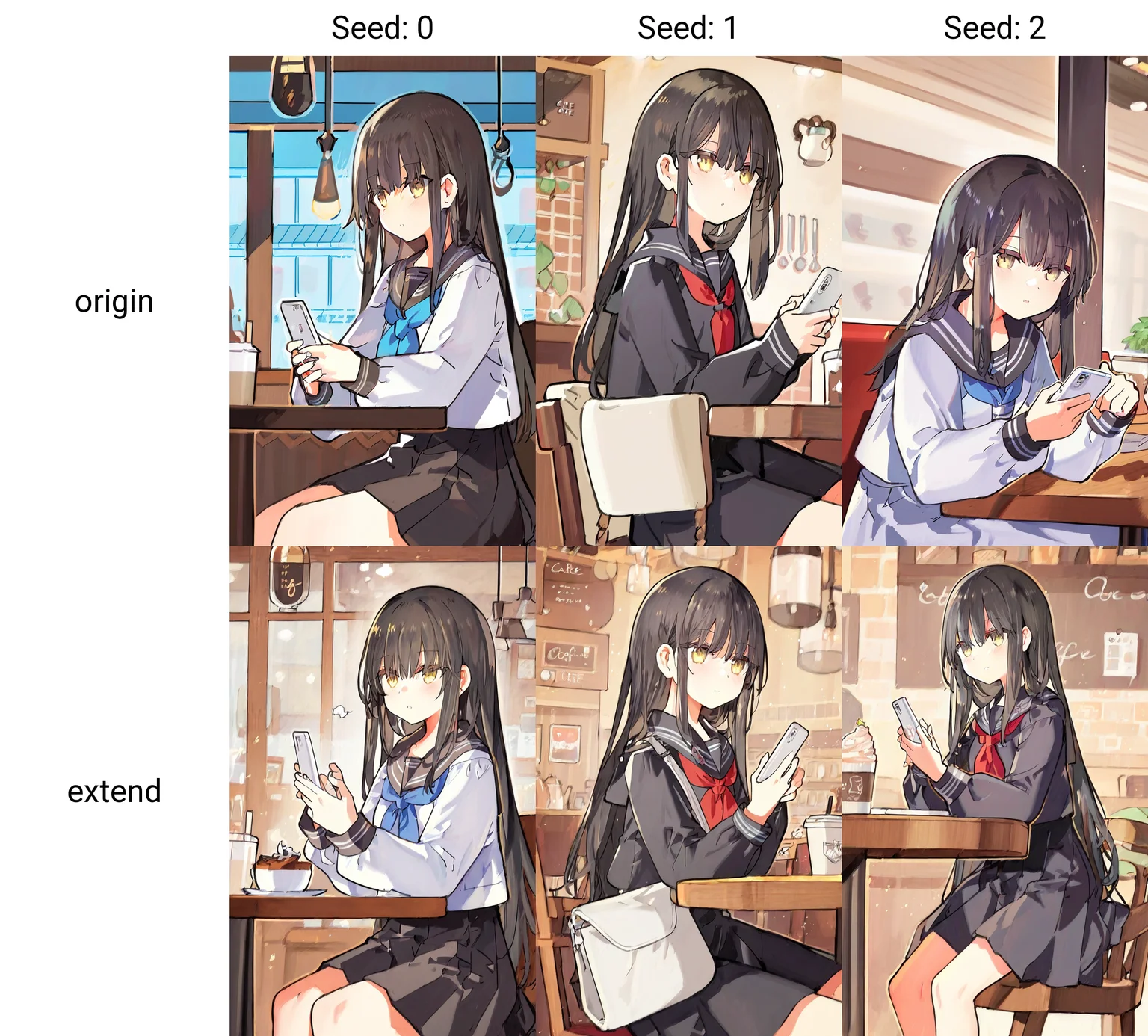 1girl, black long hair, serafuku, holding phone, cafe, sitting, cowboy shot, (from side:0.5), white smartphone,
baram, starshadowmagician, newest
<lora:prompt_origin:0.5>