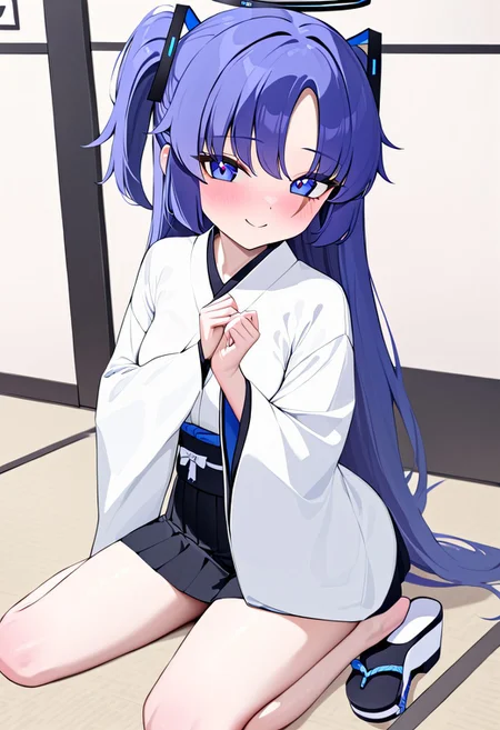 (masterpiece, best quality,ulta-HD,amazing quality, very aesthetic)1girl, solo, Yuuka blue archive, japanese uniform, short skirt, houjo, super long hair, nekomimi, smile face, school, shoelocker, scar-L