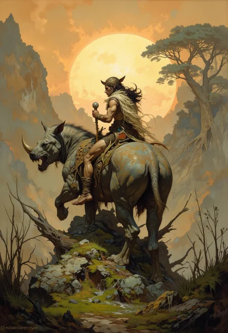 score_9, score_8_up, score_7_up, 8k high quality digital painting, masterpiece, very detailed, ultra realistic, (best quality) very detailed epic masterpiece, boris vallejo style, frank frazetta style, realistic oil painting, retro artstyle, full body, side view, backlight, we see a primeval muscular cave-man in fur clothing riding on a wolf-like rhino-like monster, the monster has long fur hair, sundown, the setting sun casts long shadows, backlight, swampy landscape, fairytale-like, realistic detailed oil painting style Rembrandt style, Vermeer style, Dungeons and dragons atmosphere, heroic fantasy, realistic, realism, full body