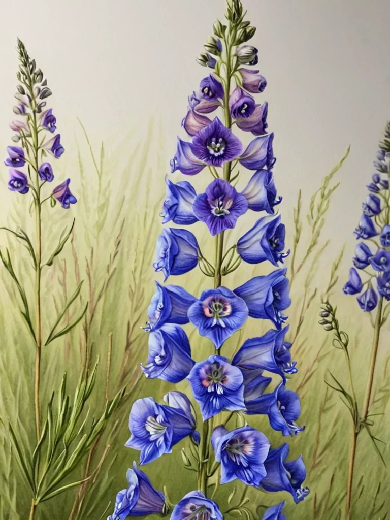 highly detailed, larkspur, in a field of wildflowers, ingrid-elias-style, botanical art , depth of field, <lora:ingrid_elias_style:1>