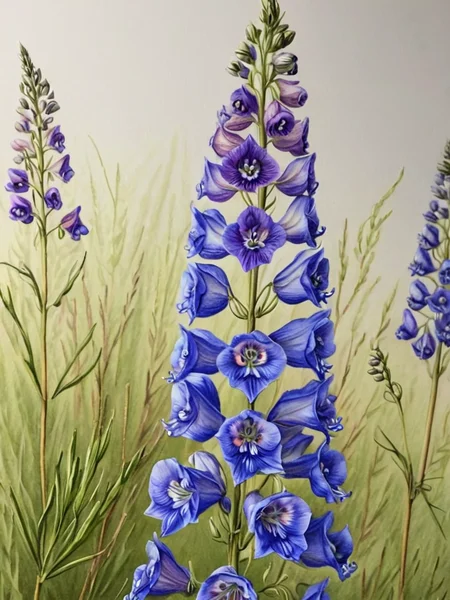 highly detailed, larkspur, in a field of wildflowers, ingrid-elias-style, botanical art , depth of field, <lora:ingrid_elias_style:1>