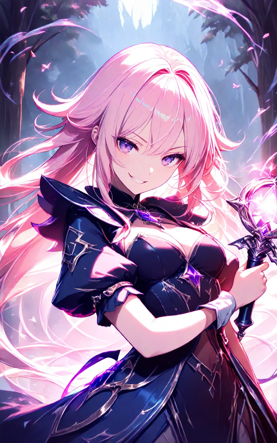 evil witch,dark forest,holding magic wand,glowing wand,eerie smile,grin,messy long hair,dramatic lighting,cinematic shot,looking at viewer,magical mist,detailed face,fantasy setting,dark ambiance,(best quality:1.1),(masterpiece:2),(illustration, 8k CG, extremely detailed),ultra-detailed,Cinematic Lighting,<lora:detailed_notrigger:1>,<lora:xl_more_art-full_v1:0.8>,CivChan,purple eyes,pink hair,<lora:civichan-base-01-XL>,