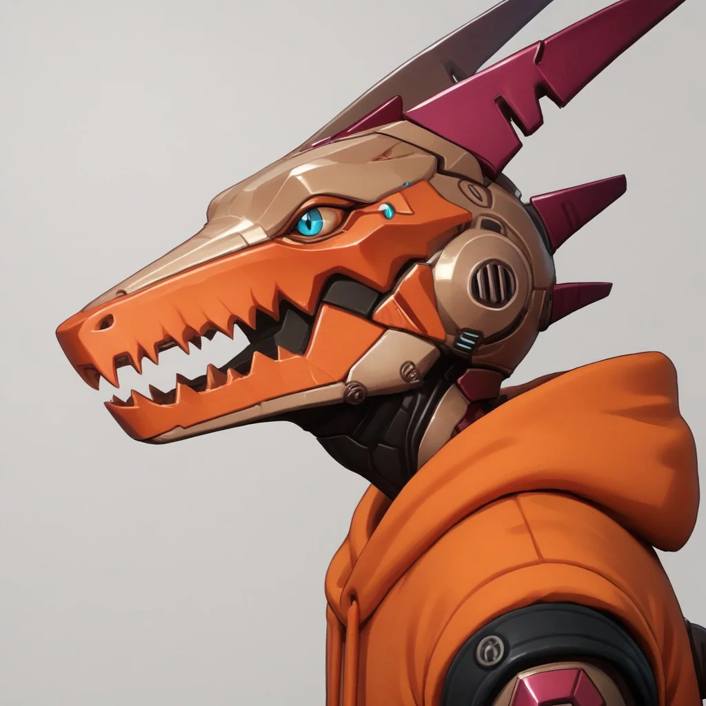 score_9, score_8_up, score_7_up, score_6_up, score_5_up, score_4_up, source_furry
anthro, ((1boy, solo)), portrait, Hexsaur,robot, dinosaur, mechanical legs, mechanical arms, humanoid robot, tail, blue eyes, claws,horns, teeth, orange hoodie,
BREAK
detailed background, office, (side view)