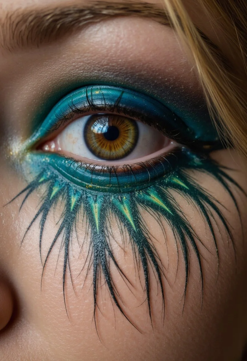 A super close-up of a woman’s eye, the iris now a sparkling peacock tail, with vibrant blues and greens fanning out like feathers, tiny golden eyespots shimmering inside. The pupil is a dark feather base, grounding the colors, while the sclera has a faint iridescent glow. The lighting is a bold, jewel-toned glow, captured with an Olympus OM-D E-M1X, .orf file, making the peacock tail fill the entire frame.
, aidmarealisticskin, aidmaHyperrealism, aidmawomanbodytattoo