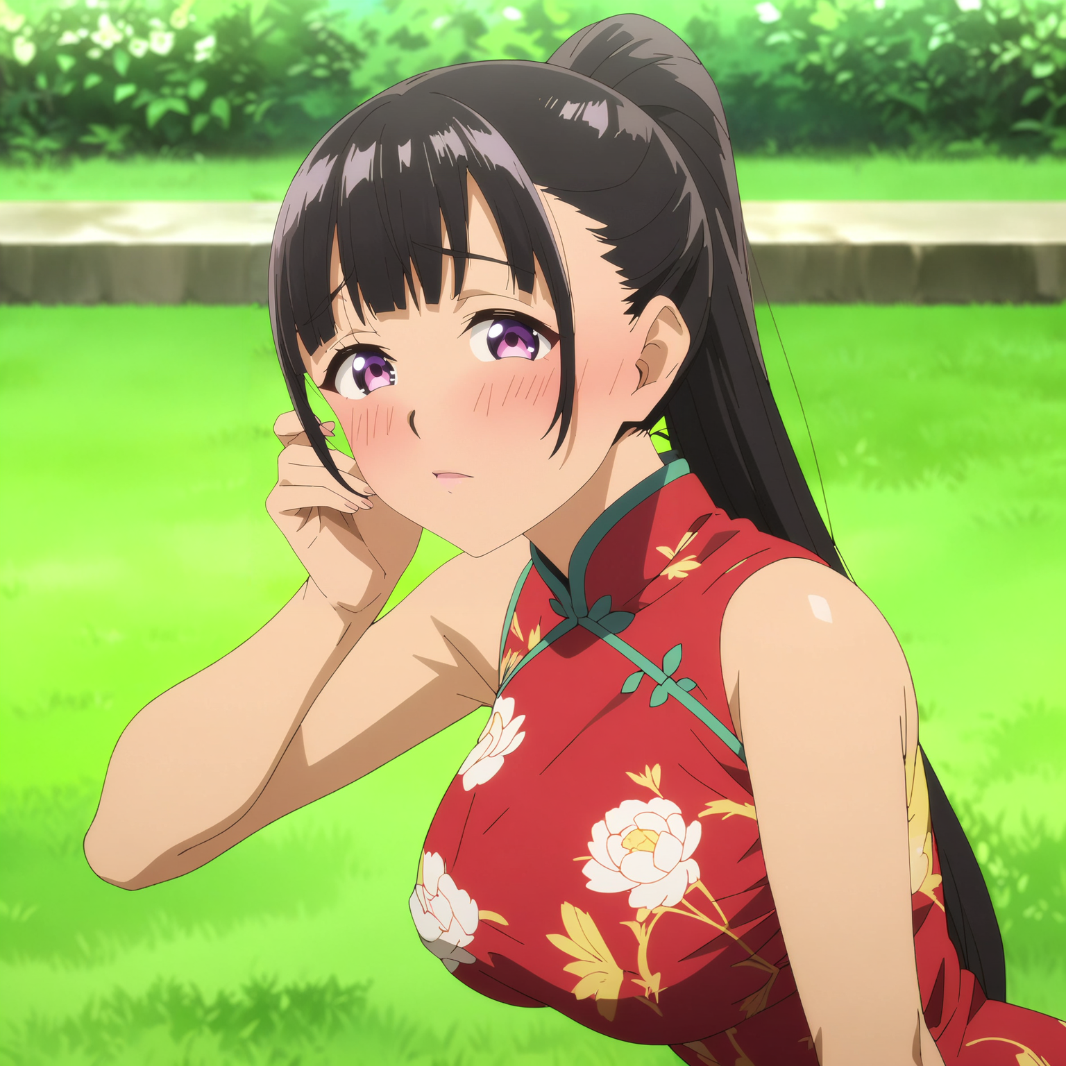 <lora:YuiTachibanaXL001>,<lora:bold-16oa:-0.5>,
masterpiece,best quality,ultra-detailed,8K,best illustration,very aesthetic,absurdres,anime screencap,official art,
blush,looking at viewer,
solo,
YuiTachibana,1girl,black hair,purple eyes,ponytail,large breasts,
outdoors,lawn,print_cheongsam,
