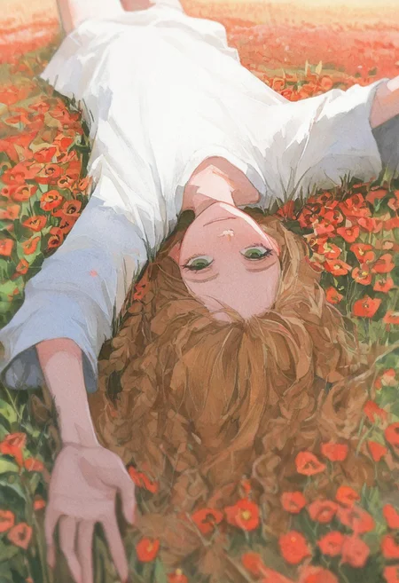 masterpiece, best quality, amazing quality, soft lighting, chiaroscuro, textured surfaces, depth of field, dramatic shadows, 
1girl, green eyes,  redhead, ((solo)), braids, white oversized t shirt, lying on back, looking at viewer, reaching, reaching towards viewer, long hair, smile, solo, upside-down, outdoors, field, red poppies, morning light, watercolor,69yottea_style_illu
