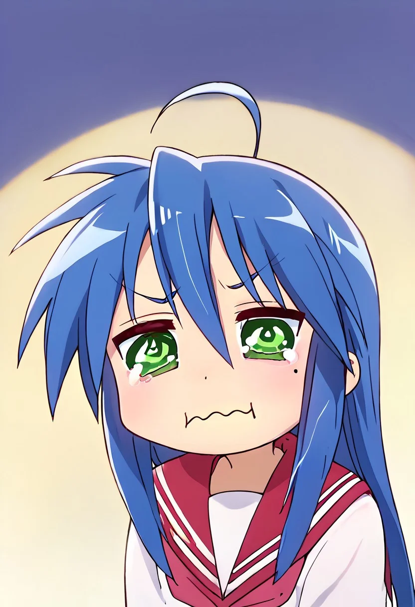 score_9, score_8_up, score_7_up,source_anime, masterpiece, ultra detailed, highres, 4k, best quality, BREAK, <lora:konata:0.7> Konata Izumi, 1girl, solo, long hair, ahoge, green eyes, mole, serafuku, red skirt, red sailor collar, shoes, brown tighhighs, dark blue hair, aquacrying, wavy mouth, closed mouth, tearing up, outstanding, countershading, detailed soft lighting, backlighting, green eyes, ultra detailed eyes,