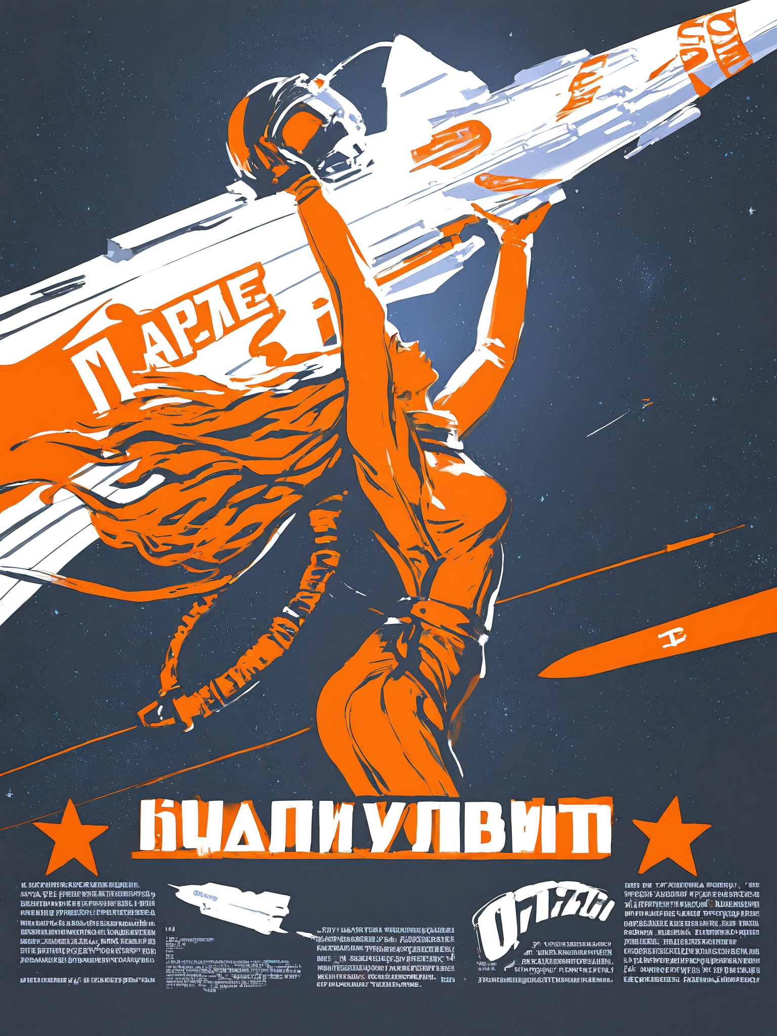 space, star \(sky\), spacecraft, astronaut,
s-m, solo, 1girl, looking up, from side, arm up, silhouette, orange monochrome,
grabbing helmet, long hair,
russian text,
masterpiece, best quality, amazing quality, very aesthetic, absurdres, newest,
stu dts, anime, 
<lora:sovposter-NOOB-V-PRED1.0_V1_dim32:1>