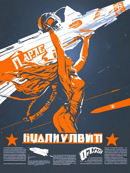 space, star \(sky\), spacecraft, astronaut,
s-m, solo, 1girl, looking up, from side, arm up, silhouette, orange monochrome,
grabbing helmet, long hair,
russian text,
masterpiece, best quality, amazing quality, very aesthetic, absurdres, newest,
stu dts, anime,
<lora:sovposter-NOOB-V-PRED1.0_V1_dim32:1>