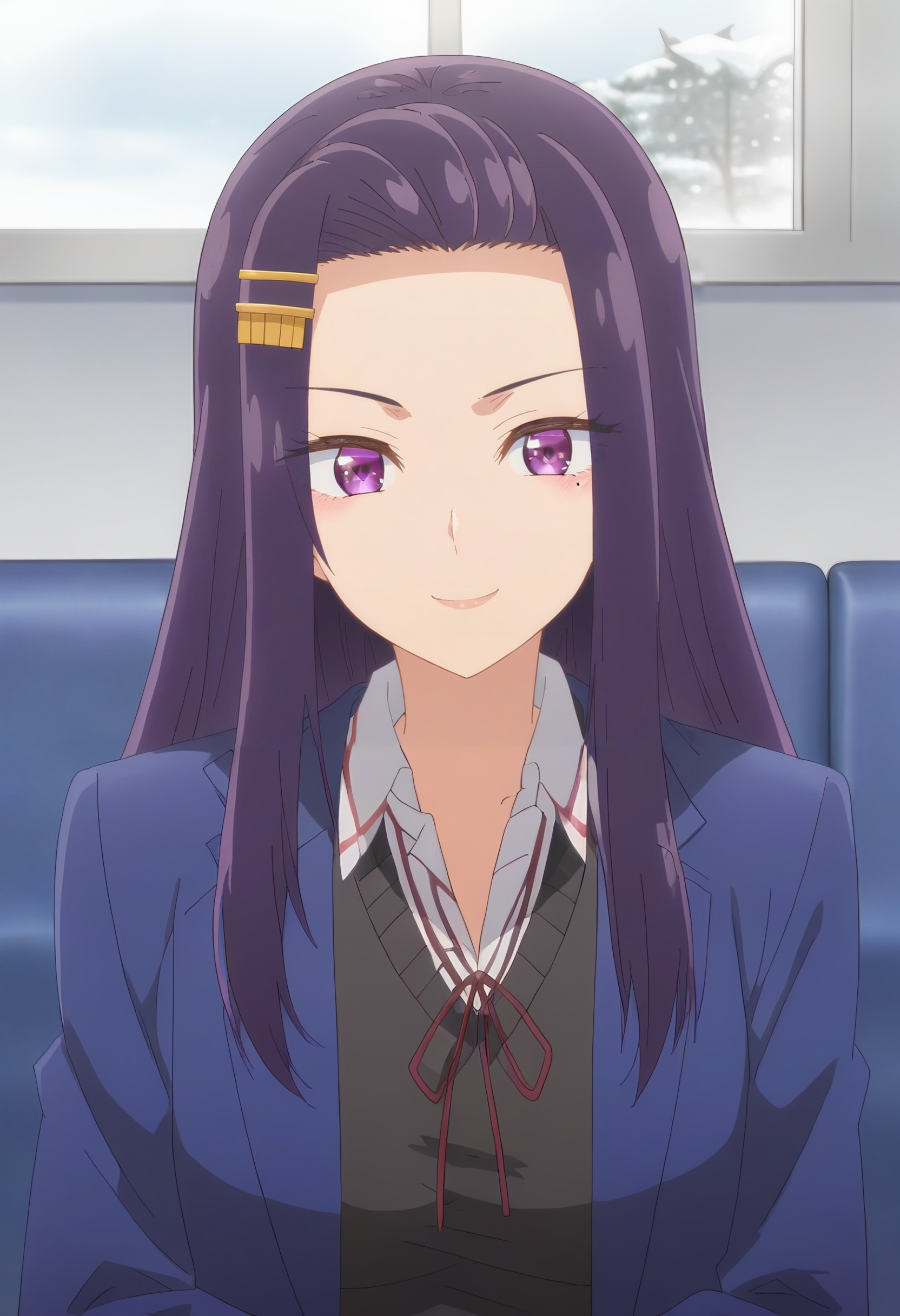 <lora:Sayuri Akino:1>sayuri akino, purple_hair, long_hair, purple_eyes, hair_ornament, , hairclip, 1girl, solo, mole_under_eye,school_uniform, jacket, sweater, looking at viewer, smile, score_9, score_8_up, score_7_up, , anime coloring ,BREAK source_anime, anime