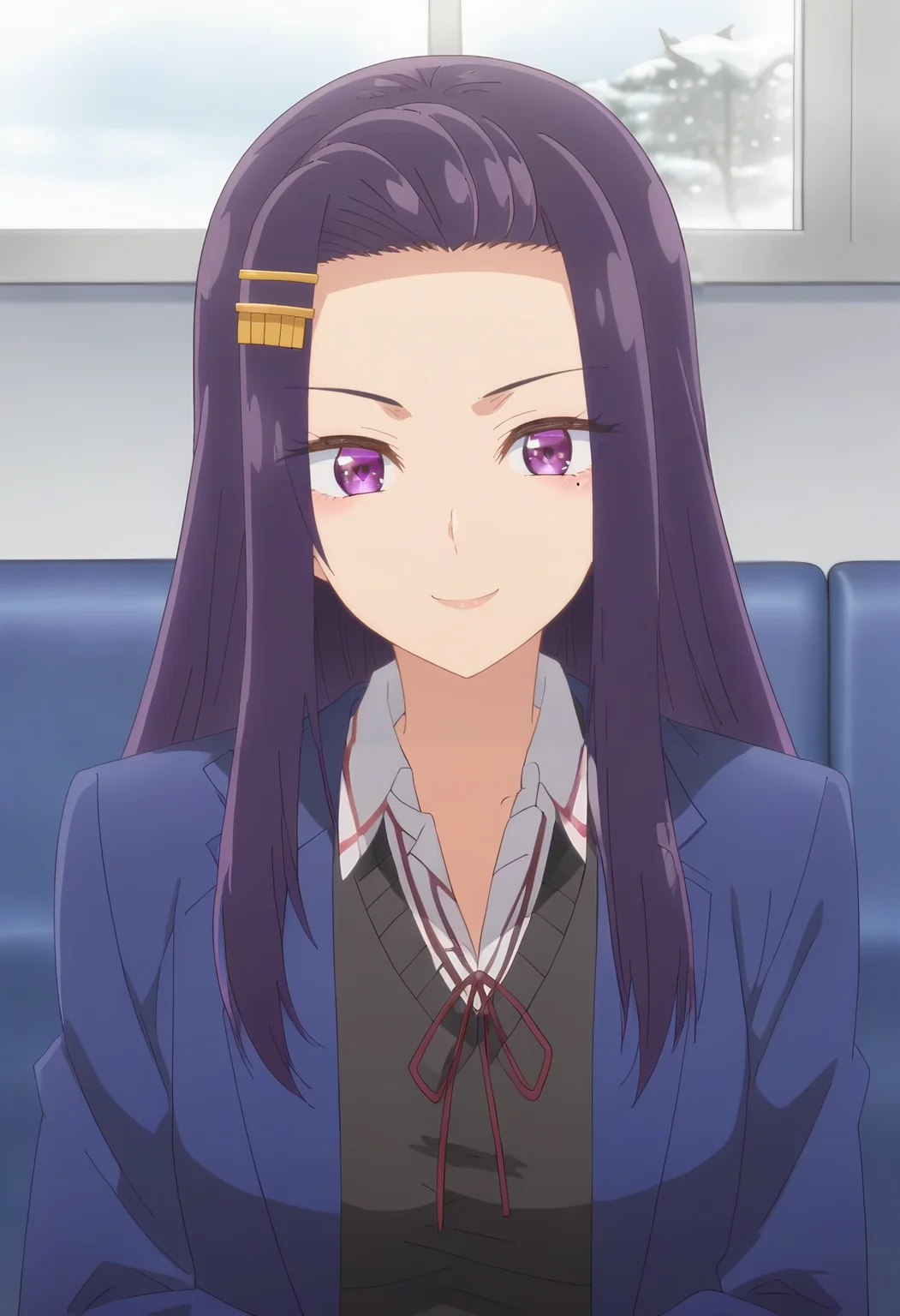 <lora:Sayuri Akino:1>sayuri akino, purple_hair, long_hair, purple_eyes, hair_ornament, , hairclip, 1girl, solo, mole_under_eye,school_uniform, jacket, sweater, looking at viewer, smile, score_9, score_8_up, score_7_up, , anime coloring ,BREAK source_anime, anime