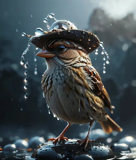 low angel, This striking image features a sparrow with a felt hat perched elegantly atop its head its feathers glistening with water droplets. The dark background adds to the mystery and intrigue of the scene, creating a sense of depth and contrast. The level of detail in the bird's feathers hat and even the water droplets is astounding making it a true masterpiece of digital art. The use of computer graphics and the Unreal Engine ensures that every aspect of the image is highly rendered, capturing every nuance of light and shadow. The style of the artwork is reminiscent of Chris LaBrooy's surreal and imaginative compositions blending elements of nature and fantasy into a visually stunning whole., <lora:add-detail-xl:0.9> dvr-lnds-sdxl <lora:MJ52:0.5> <lora:zavy-cntrst-sdxl:0.4> <lora:zavy-rmlght-sdxl:0.4>