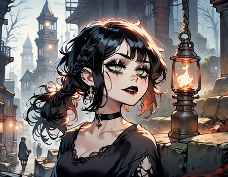 (score_9,score_8_up,score_7_up:1), 1girl, full body, action angle, horror, Night time lighting, ambient lighting, lip bitingly horny, (goth, (black lipstick, black mascara, black eyeshadow)), (skinny), glowing hair, queens braid hairstyle, choker, eyeshadow)), (alabaster scarred skin), medium breasts, perky, (climbing), Russian <lora:sm0k3XLP:0.8>, lighter, smokers lounge, (<lora:checkpoint-e31_s310:1> Gothic, red and black lace), <lora:The_Coffin_of_Andy_and_Leyley_Game_Artstyle_PonyXL:1>