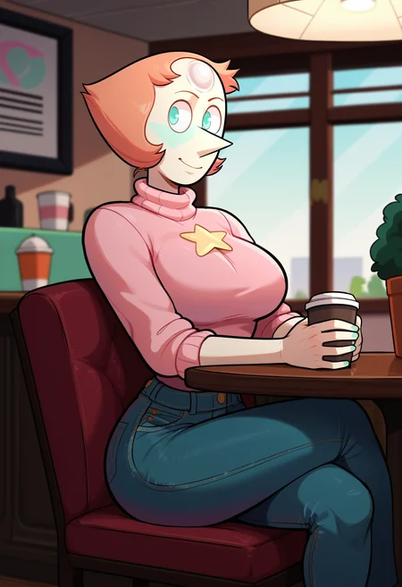 score_9, score_8_up, score_7_up, score_6_up, score_5_up, score_4_up,
BREAK
pearl \(steven universe\), 1girl, blue eyes, orange hair, pearl on forehead, pale skin,
BREAK
front view, solo, clothed, pink knit sweater, sweater tucked in, ((pale jeans)), toned, big breasts, wide hips, sitting on chair, elbows on table, crossed legs,
BREAK
cafe, indoors, furniture, round table, coffee cup, sunny, <lora:incase---1:0.8>, <lora:Pearl_PDXL:0.6>,