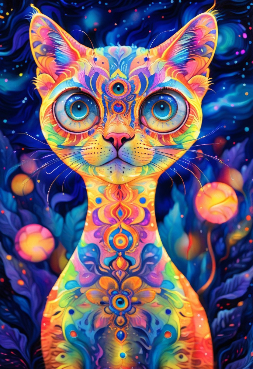 Radiant, big-eyed cat at night, abstract art by Anne Truitt, Synthetism, psychedelic colors, psychadelicchaos, psychadelic, sharp focus, highly intricate, full color, confident, intricate artistic color, handsome