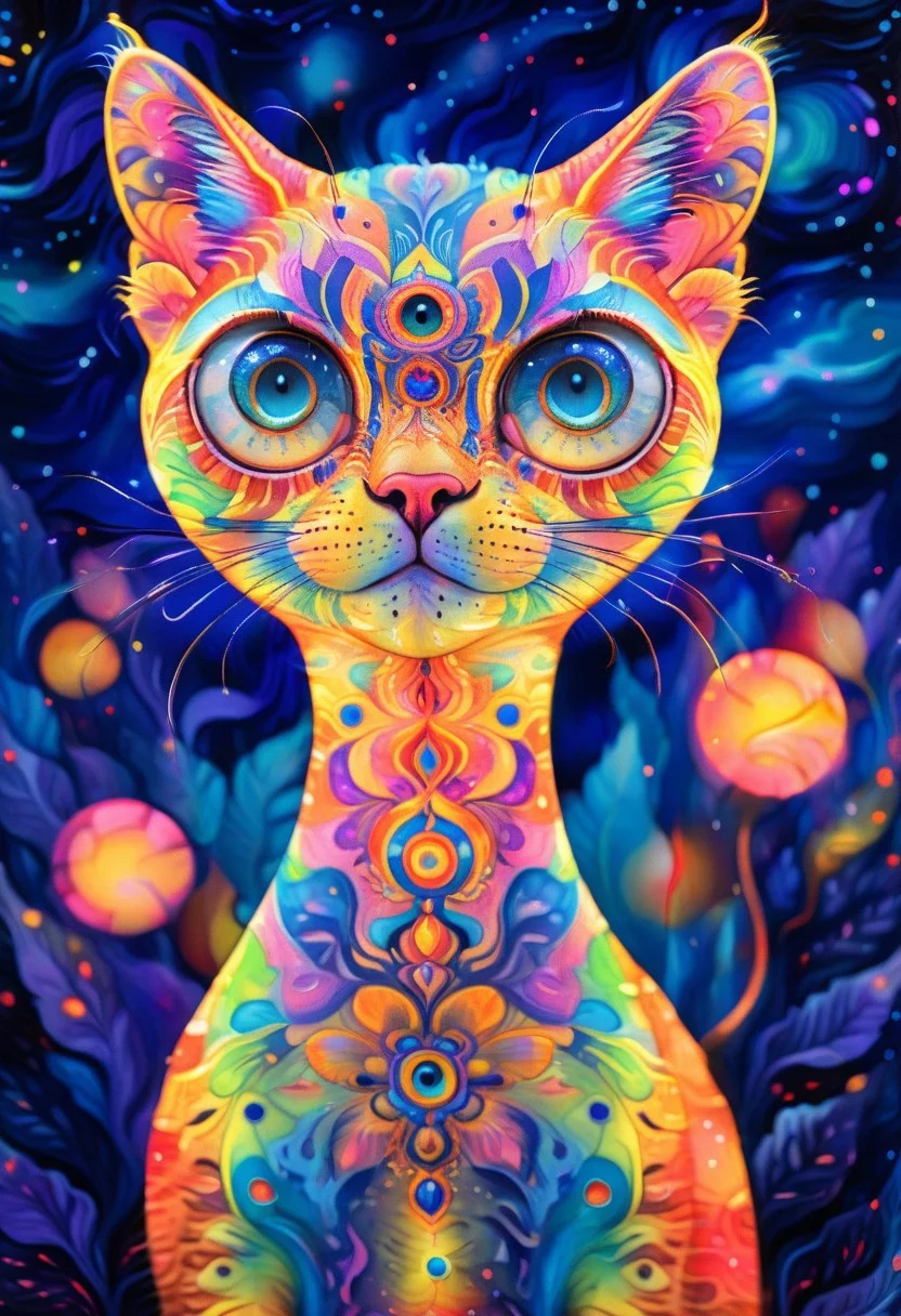 Radiant, big-eyed cat at night, abstract art by Anne Truitt, Synthetism, psychedelic colors, psychadelicchaos, psychadelic, sharp focus, highly intricate, full color, confident, intricate artistic color, handsome