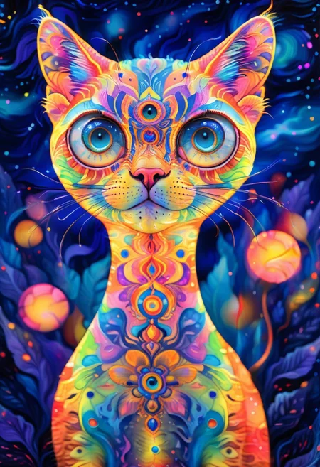 Radiant, big-eyed cat at night, abstract art by Anne Truitt, Synthetism, psychedelic colors, psychadelicchaos, psychadelic, sharp focus, highly intricate, full color, confident, intricate artistic color, handsome