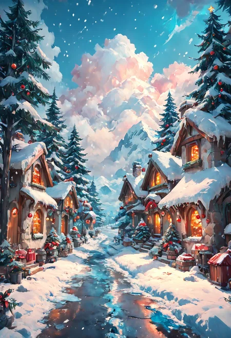 Score_9, Score_8, Score_7, FF Christmas Painting Style, outdoors, sky, day, cloud, blue sky, tree, night, building, scenery, christmas, snow, lantern, snowing, mountain, road, house, winter, christmas tree, lamppost, christmas ornaments, pine tree