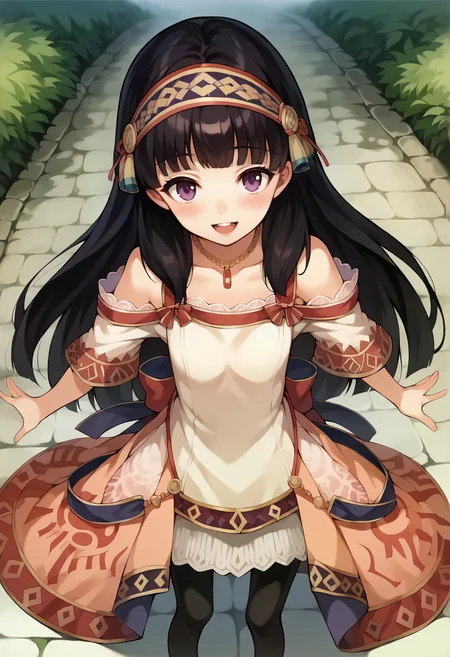score_9, score_7_up, hd, (ultra hd quality details), source_anime, outdoors,
solo, 1girl, atslstera, long hair, hairband, purple eyes,
slsteradef, print dress, necklace, off-shoulder dress, bare shoulders, black pantyhose,
looking at viewer, blush, smile, upper teeth only,
standing, from above, spread arms,
<lora:_shallistera_argo-elesico-ponyB:1>