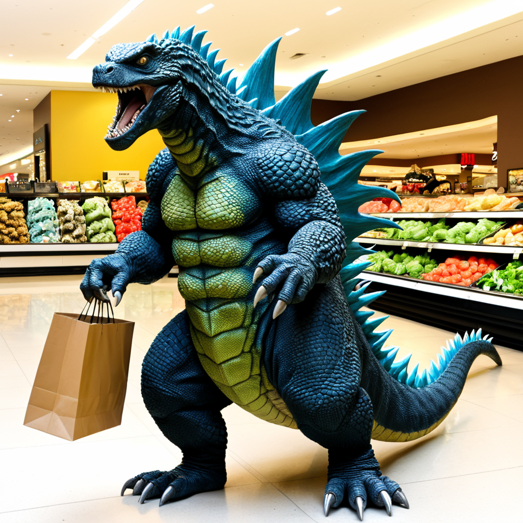 sfw, masterpiece, best quality,absurderes, <lora:AnirealismXL:0.9>,anireal, no humans,monster focus,godzilla,reptile,tail,spikes,scales,teeth,claws, holding shopping back,walking,shopping mall, confused,indoors