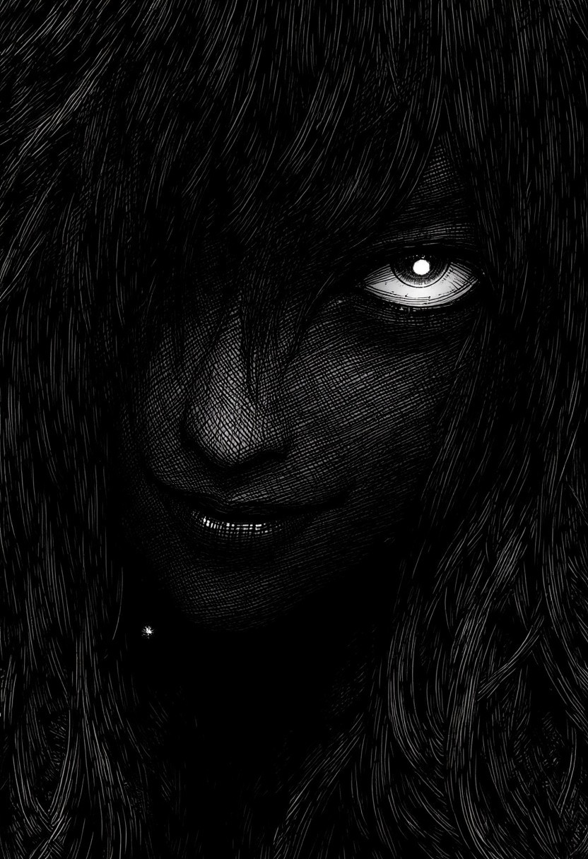 nistyle, monochrome Manga Sketch, extreme head Closeup, a dark ethereal womans black billowing hair, Killing Gaze smile, eerie, Shrouded in darkness, shaded eyes, Low angle View, hyperdetailed manga sketch style, with bleached vibrant colorful neon color Highlights, grey, and white color grading.