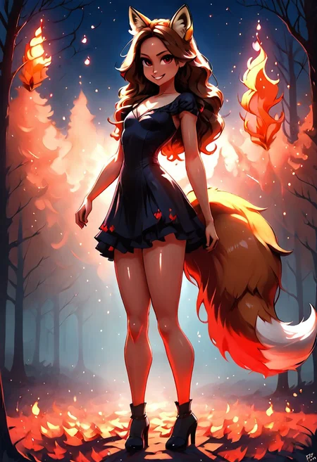 (1girl:2.0), dark brown hair, colorful, very high quality, perfect, (insane details:1.3), (dark brown fox ears and three fox tails:1.5), (3 fox tails:1.5), HDR, UHD, 64K, highly detailed, (magically hovering red flame above hand:1.3), (tip of tails covered in red flames:1.3), (tip of tails engulfed in red flames1.3), (night sky:1.4), (dark forest:1.4), (looks tough:1.3), (wearing red and black dress:1.2), (no flames everywhere:1.4), (human:1.5), (high quality:1.5), (pretty:1.5), revealing dress, score_9, score_8_up, score_8, score_9, 1girl, miniature,
small chest, petite body, showing lots of skin, very sexy, very cute, long legs, shiny skin, dark brown hair, red eyes,
volumetric lighting, cinematic lighting