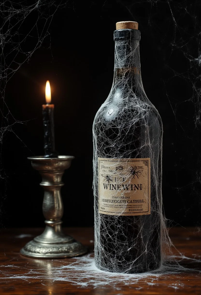 highly detailed classical still life painting of a bottle of a very old bottle wine covered in spiderwebs, beside the bottle of ancient wine there is a black lit candle in a silver candlestick holder.