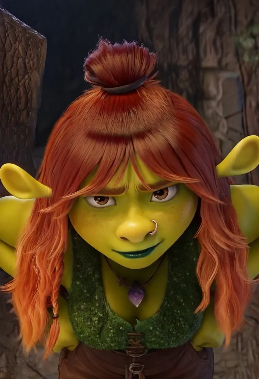 felicia_shrk5, 1girl, female ogre, green skin, red hair (long hair, single hair bun), shrek ears, amber eyes, nose piercing, freckles, green lipstick, buckteeth, purple crystal necklace, dark green sleeveless top (moss), pocket belt, short brown pants, chubby, score_9_up, score_8_up, score_7_up, BREAK, 1girl, solo, looking at viewer, cute, smirk, from below, hands on hips, head tilt, female focus, ultra detailed, detailed background, swamp, masterpiece, best quality, 8k, Expressiveh, realistic, 3d, easynegative