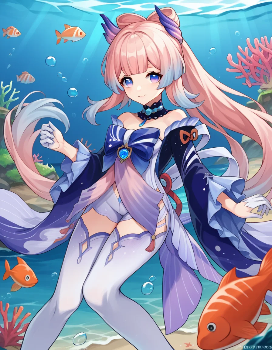 score_9, score_8_up, score_7_up, source_anime,
kokomisangonomiya, <lora:kokomi-sangonomiya-ponyxl-lora-nochekaiser:1>,
kokomi sangonomiya, long hair, bangs, hair ornament, purple eyes, pink hair, sidelocks, multicolored hair, blunt bangs, gradient hair, bow-shaped hair, smile,
thighhighs, gloves, long sleeves, bow, frills, detached sleeves, shorts, white gloves, wide sleeves, bowtie, white thighhighs, frilled sleeves, vision \(genshin impact\),
outdoors, ocean, sea, fish, dolphins, jellyfish, submerged, swimming, coral, coral reef,
looking at viewer, dynamic pose,