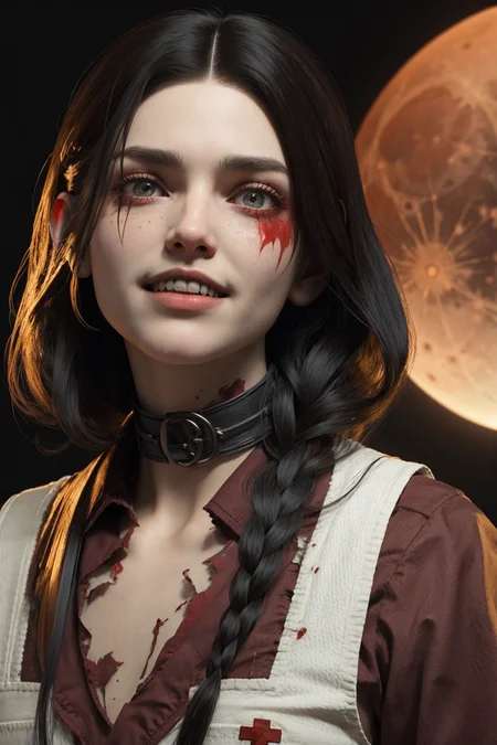 scary vampire nurse. blood moon. volumetric light. pointy teeth. bloody face. overalldetail-detail_++_-_overall_detail , kkw-skin-det-all_checkpoint_skin_detail_-_skin_detail_v1.0, <lora:hipoly_3dcg_v7-epoch:0.7>