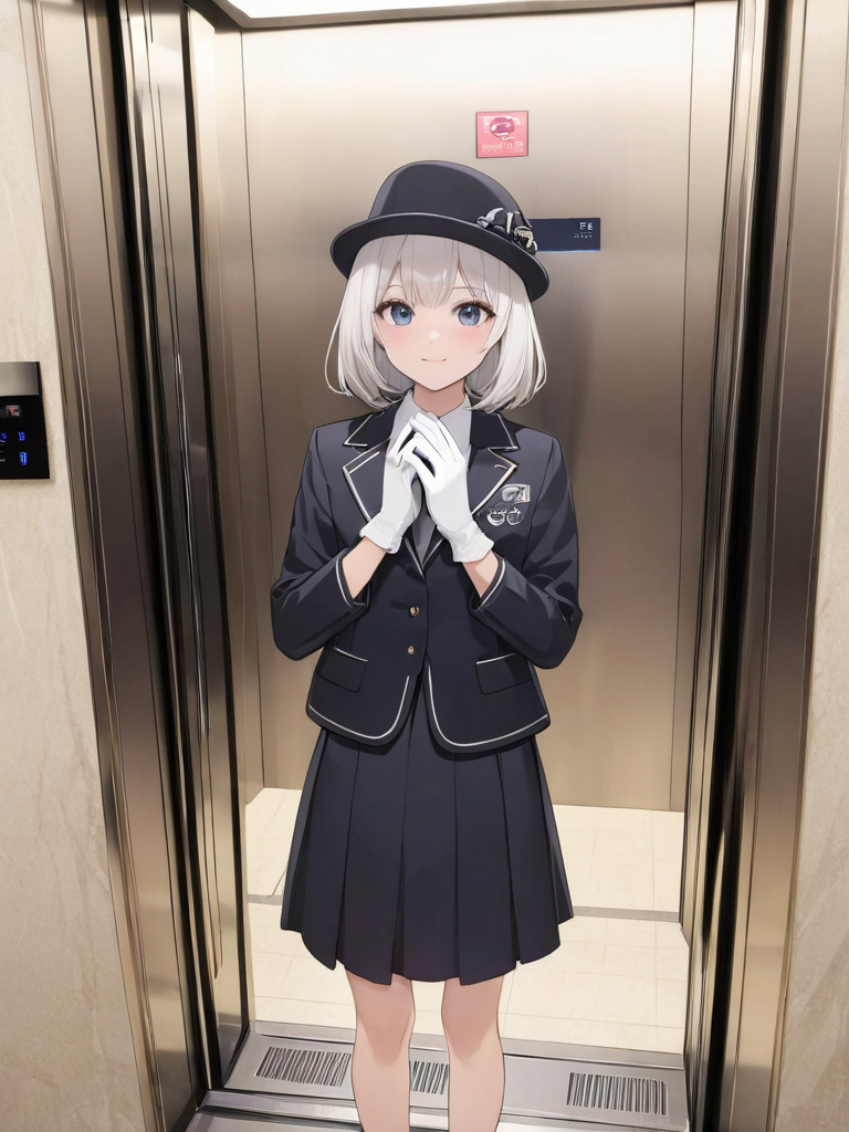 masterpiece,ultra-detailed,best quality,8K,illustration,cute face,clean skin ,shiny hair,girl,ultra-detailed-eyes,simple background, <lora:add-detail-xl:1>  <lora:elevator girl_XL_V1.0:0.8> elevator girl, hat, gloves, skirt, elevator, jacket