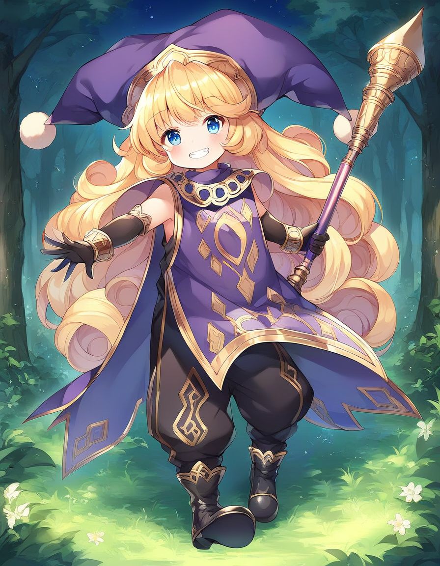 score_9, score_8_up, score_7_up, source_anime, rating_explicit, BREAK  <lora:Charlotte_seiken_densetsu3_XL:1>
Charlotte_seiken, 1girl, solo, long hair, smile, gloves, blonde hair, elbow gloves, weapon, hat, holding, black gloves, full body, forest, night,
grin, standing, holding weapon, looking at viewer, jewelry, bracelet, cape, pointy footwear, jester cap, dress, blue eyes, very long hair, black footwear, sleeveless, bangs, purple headwear, shoes, curly hair,