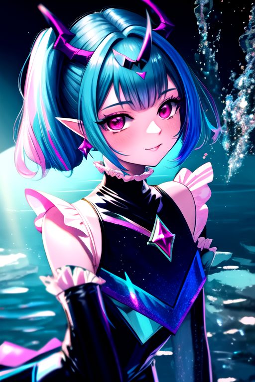 DarkPrecure, Bad_End_Precure, Corrupt_Girl, professional image of a cute young woman, (frilly elegant glossy dark holographic dress, crescent brooch, crescent earrings, crescent accessories:1.2),
(blue water dragon horns, blue water dragon tail:1.3), (short hair, side ponytail, hair above cheeks, light blue hair with light pink hairtips, gradient hair, multicolored hair:1.4), red eyes, (small breasts, cute face, pointy ears, evil laugh, evil eyes, corrupted:1.1), (sparkles, sparkling clothes, sparkles near eyes:1.2),
(intricate aquatic background, underwater, sparkling water, ocean floor, corral reef, bubbles:1.2), 
(ultra wide angle shot, cinematic style, absurdres, incredibly absurdres, huge filesize, extremely detailed, High quality texture, physically-based rendering, Ray tracing, octane render, sharp focus, (8k), (4k), (Masterpiece), (Best Quality), extremely detailed, intricate, hyper detailed, illustration, soft lighting, high resolution, sharp detail)