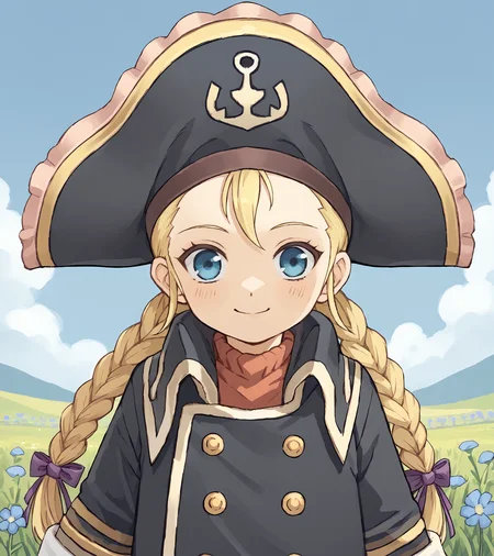 score_9, score_8_up, score_7_up, score_6_up, score_5_up, score_4_up, BREAK source_anime,
1girl, solo, <lora:PattyFleur:0.9>, Patty Fleur, blonde hair, twin braids, hair ribbon, blue eyes, flat chest, pirate hat, black coat, boots,
(upper body, portrait),, from below,, looking at viewer, happy,
outdoors, field of blue flowers, sky,
<lora:mo_(kireinamo):1>,