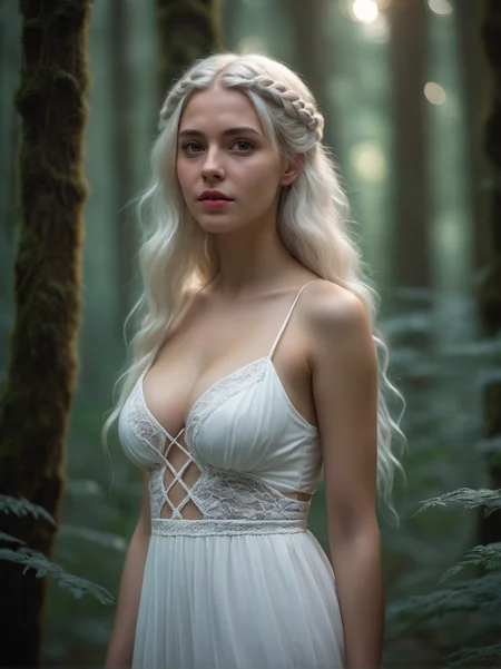 fashion photograph portrait of Milou_Ananias_P_MXAI_SDXL walking through a dreamlike mystical forest at night, wearing a flowing white dress, cinematic shot, (((Ultra-HD-details, Ultra-HD-detailed, Ultra-HD-realistic, Ultra-HD-photo-same-realistic-quality-details)))