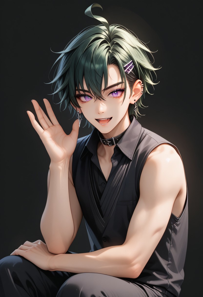Score_9, Score_8, Score_7,masterpiece quality, full body, sitting, dynamic angle, perfect eyes, perfect face, perfect ears, perfect anatomy, perfect hands, intricate details, BREAK,1boy, antherima, solo, 20 years old, dark green hair, hair between eyes, asymmetrical hair parting on left, hair clip on left side, ahoge, medium length bangs, anime reference, slit pupils, purple Eyes, light_red_eyeshadow, ((1_earstud_left_side)), BREAK, waving, smiling, open mouth, black_collar_vest, open collar, exposed collar bone, sleeveless, exposed arms, black shorts, bare shoulders,BREAK,
((black_background))