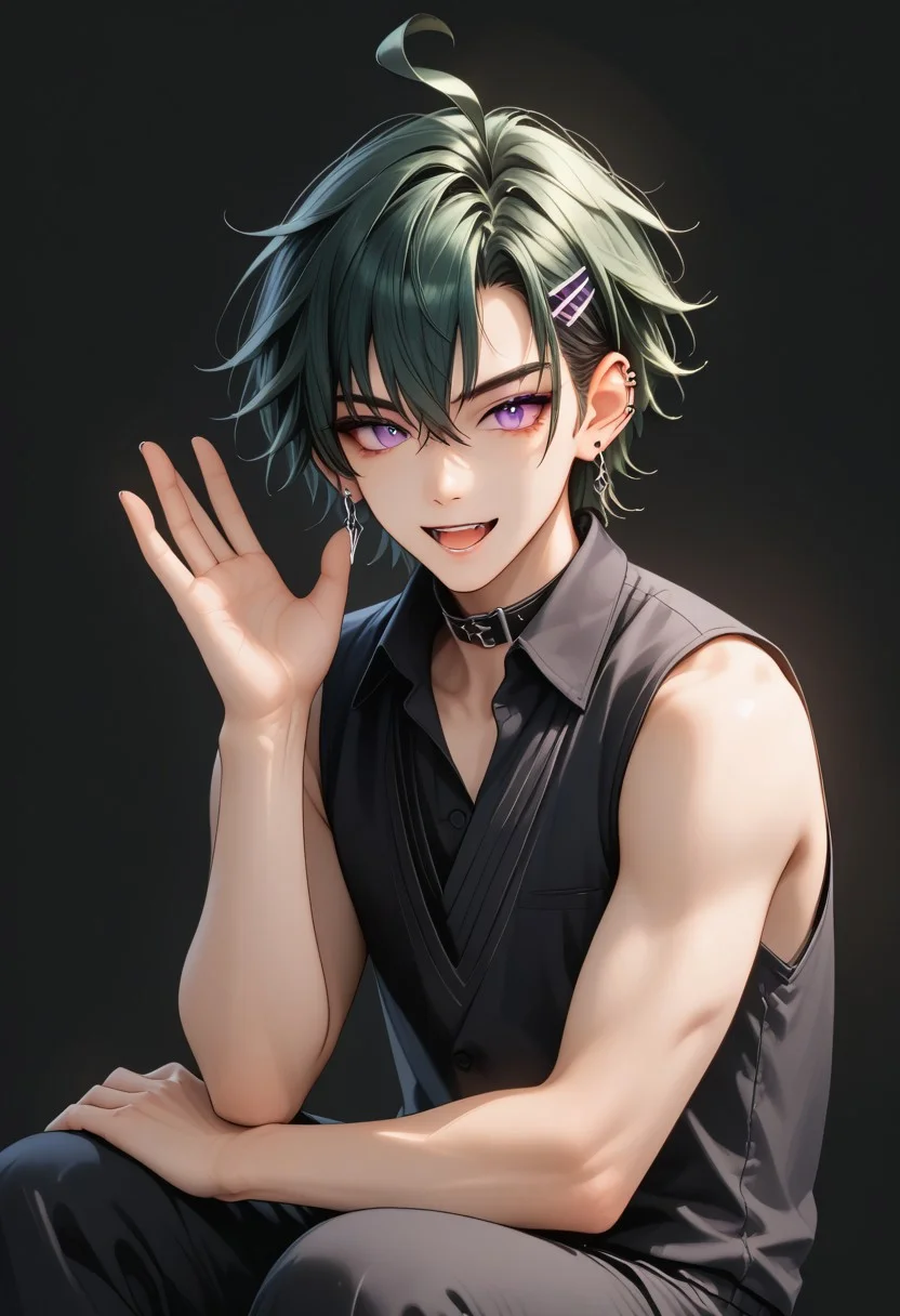 Score_9, Score_8, Score_7,masterpiece quality, full body, sitting, dynamic angle, perfect eyes, perfect face, perfect ears, perfect anatomy, perfect hands, intricate details, BREAK,1boy, antherima, solo, 20 years old, dark green hair, hair between eyes, asymmetrical hair parting on left, hair clip on left side, ahoge, medium length bangs, anime reference, slit pupils, purple Eyes, light_red_eyeshadow, ((1_earstud_left_side)), BREAK, waving, smiling, open mouth, black_collar_vest, open collar, exposed collar bone, sleeveless, exposed arms, black shorts, bare shoulders,BREAK,
((black_background))