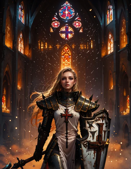 score_9, score_8_up, score_7_up, score_6_up, score_5_up, score_4_up,  masterpiece, high quality, solo, crsadr, knight, pauldrons, full armor, long hair, gauntlets, shield, pelvic curtain, faulds, holding weapon, flail, braid, side cut, magic, holy light, golden sorcery, upper body, in a church, white fabric