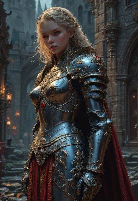 High resolution ultra-realistic of beautiful Warrior Princess, A Warrior Princess clad in a iron armor, red mini skirt, standing among the soldiers in the courtyard of a gloomy castle, head and shoulders portrait, wavy blonde hair, realistic blue eyes, perfect athletic figure, handsome vampire pale bloody face, beautiful perfect detailed pupils, wet oily shiny skin, beautiful firm Breasts, defiant and seductive, 8k resolution concept art portrait by Greg Rutkowski, Dark Ages, Artgerm, WLOP, Alphonse Mucha dynamic lighting hyperdetailed intricately detailed Splash art trending on Artstation triadic colors Unreal Engine, 5 volumetric lighting, Cinematic Lighting, intricate, smooth, sharp focus digital painting, Asymmetrical Balance, hyperdetailed painting, dynamic lighting