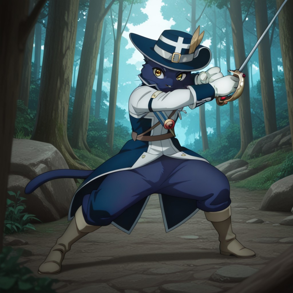 masterpiece, best quality, amazing quality, AramisslfIL, semi-anthro, male, cat, blue fur, yellow eyes, white coat with blue trim, dark blue hat with white trim, white gloves, blue pants, tan boots, fighting stance, holding rapier, in a forest, <lora:b6d32c13-6b21-42c1-bd09-2dbb66a0016f:1.0>
