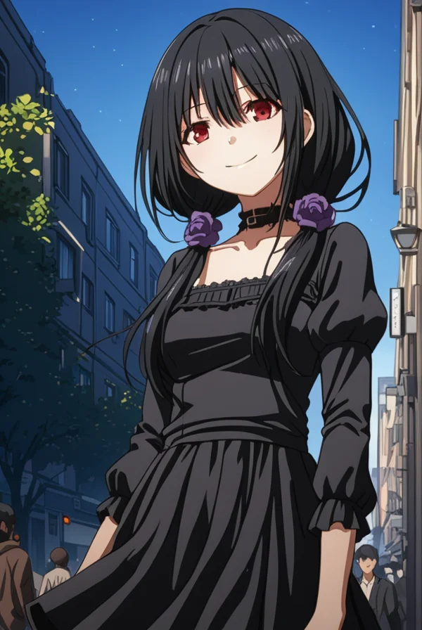 masterpiece, best quality, highres, 4k, 8k, intricate detail, cinematic lighting, amazing quality, amazing shading, soft lighting, Detailed Illustration, anime style,
kurumitokisaki, <lora:kurumi-tokisaki-s1s2-sdxl-lora-nochekaiser:0.75>,
kurumi tokisaki casual, long hair, black hair, red eyes, long sleeves, dress, pantyhose, hair over one eye, black dress, black pantyhose, puffy sleeves, choker, collarbone, skirt, black skirt, flowers, hair flowers, purple flowers, twintails, low twintails, smile,
outdoors, buildings, crowd, people, street, streetlight, trees,
looking at viewer, cowboy shot,