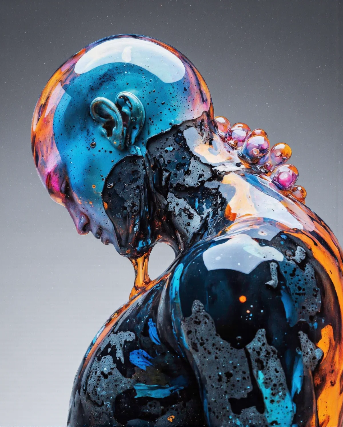 Delirium style. This image is a highly detailed CGI rendering depicting a futuristic, abstract human figure. The figure is entirely covered in a glossy, reflective material that gives it a smooth, almost liquid-like texture. The surface of the figure is a vibrant mix of blue, orange, and pink hues, with a gradient effect that creates a sense of depth and movement. The figure's head is bald, and its face is partially obscured by the reflective surface, making it difficult to discern specific facial features. The neck and shoulders are also covered in the reflective material, which creates a fluid, almost organic appearance.
The figure's body is contorted into a slightly bent posture, with one arm raised and the other hanging down. The arm that is raised is adorned with a series of bulbous, translucent orange and pink appendages that resemble bubbles or growths, adding to the surreal and otherworldly feel of the image. The background is a gradient of light gray to dark gray, which helps to highlight the figure and its vibrant colors. The overall style of the image is highly stylized, with a focus on abstract forms and vivid colors, reminiscent of contemporary digital art. <lora:Bonafida.Studio:0.9> <lora:Fluxartis_Photography:0.8>