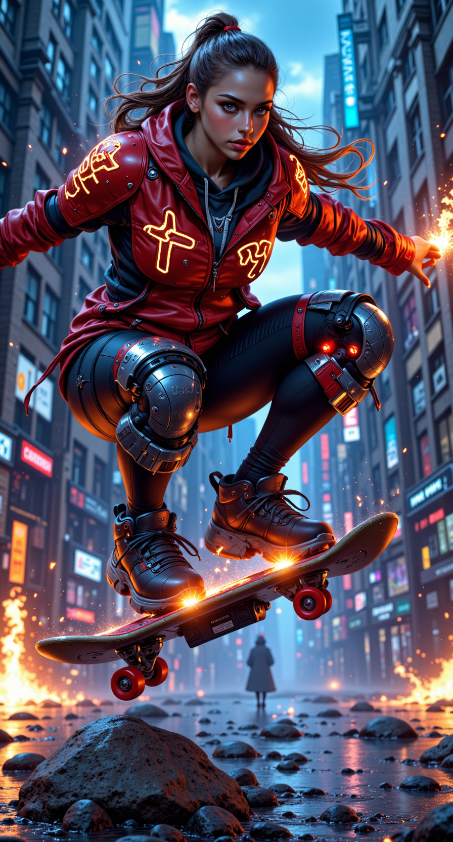 Full body shot of a photorealistic woman mid-kickflip, sparks flying from her armored kneepads shaped like PlayStation buttons. Her jacket glows with LED outlines of Sonic the Hedgehog, and her board is wrapped in holographic foil that says “GAME OVER.”

photorealistic, action skate shot, 90s gamer fashion, intense moment, radical motion capture, glowing elements





fmlas-mk.1, mythp0rt,