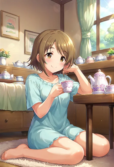 score_9, score_8_up, score_7_up, source_anime,mimura kanako, short hair, brown hair, brown eyes, 1girl, smile, solo, sitting, blush, indoors, barefoot, wariza, cup, table, teapot, bedroom