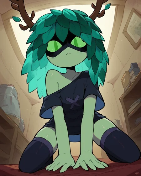 score_9, score_8_up, score_7_up, 1girl, huntress wizard, green hair, green skin, slit pupils, antlers, baggy t-shirt, black shirt, off shoulder, thighhighs, looking at viewer, on knees, dynamic angle, indoors,  <lora:HuntressWizard_PDXL:1>