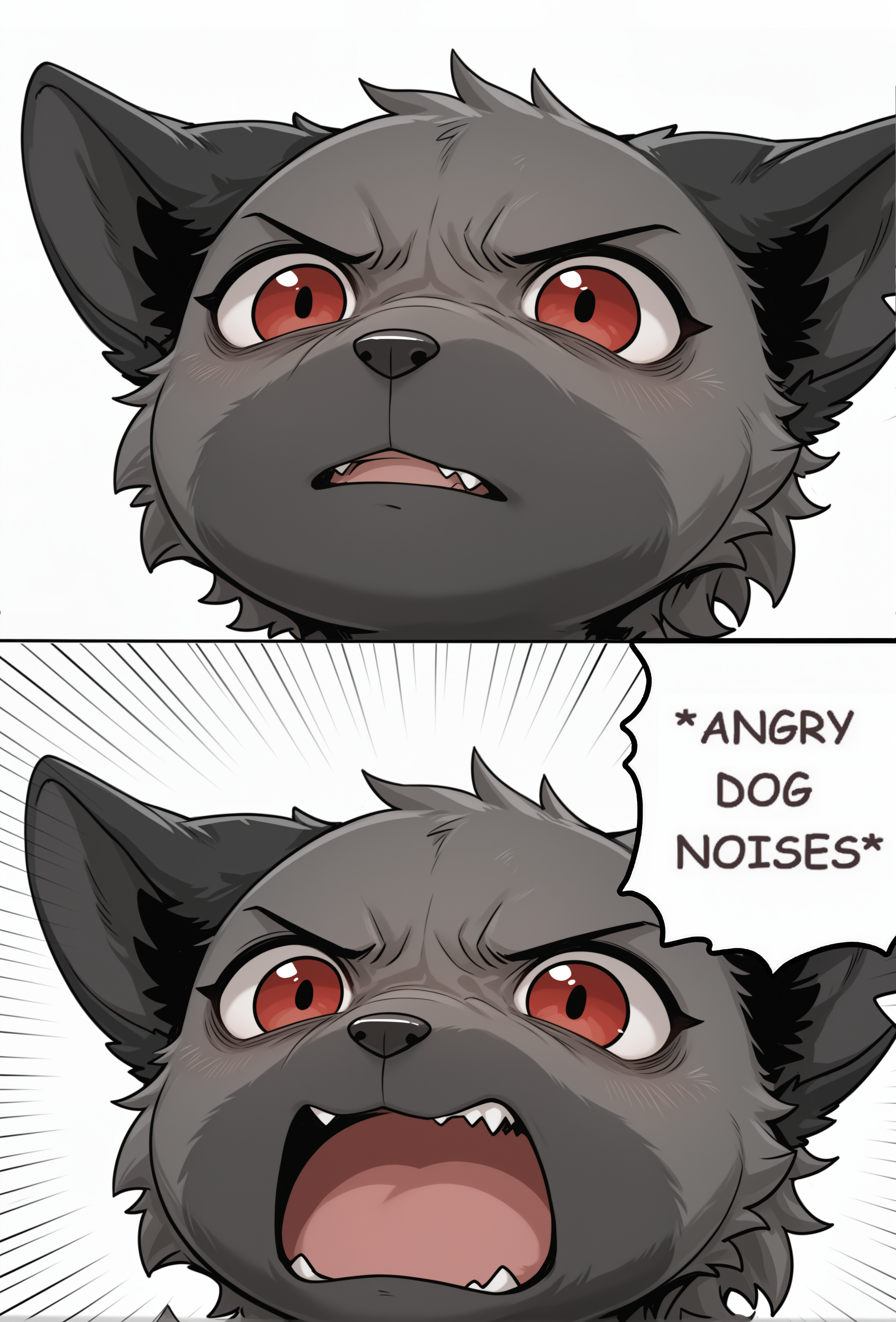 masterpiece, best quality, [[by moki \(artist\):by dr.kiyo:0.33]:by nekowuwu:0.66], angrydognoises, 2koma, comic, chibi, fang, v-shaped eyebrows, white background BREAK
parted lips, awff, anthro, male, black ears, black fur, grey fur, reverse countershading, black countershading BREAK
emphasis lines, open mouth,  angry, awff, anthro, male, black ears, black fur, grey fur, reverse countershading, black countershading <lora:Angry_Dog_NoisesChibi_Meme_ConceptIllustriousXL_and_NoobAI:1> <lora:ArturoWolff:1>
