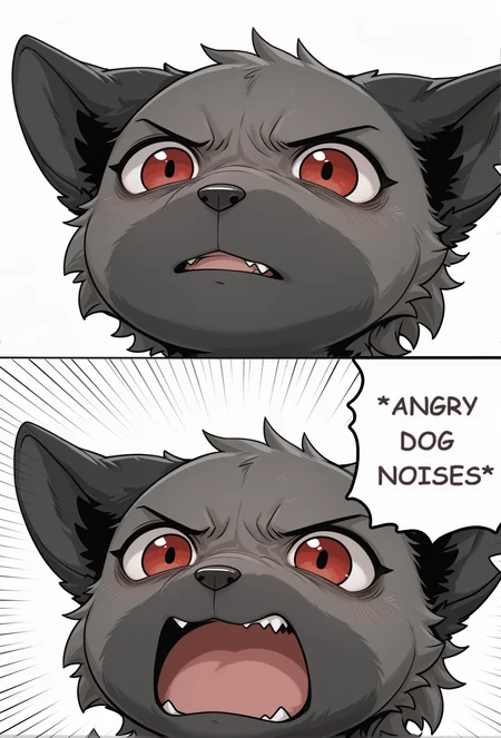 masterpiece, best quality, [[by moki \(artist\):by dr.kiyo:0.33]:by nekowuwu:0.66], angrydognoises, 2koma, comic, chibi, fang, v-shaped eyebrows, white background BREAK
parted lips, awff, anthro, male, black ears, black fur, grey fur, reverse countershading, black countershading BREAK
emphasis lines, open mouth,  angry, awff, anthro, male, black ears, black fur, grey fur, reverse countershading, black countershading <lora:Angry_Dog_NoisesChibi_Meme_ConceptIllustriousXL_and_NoobAI:1> <lora:ArturoWolff:1>