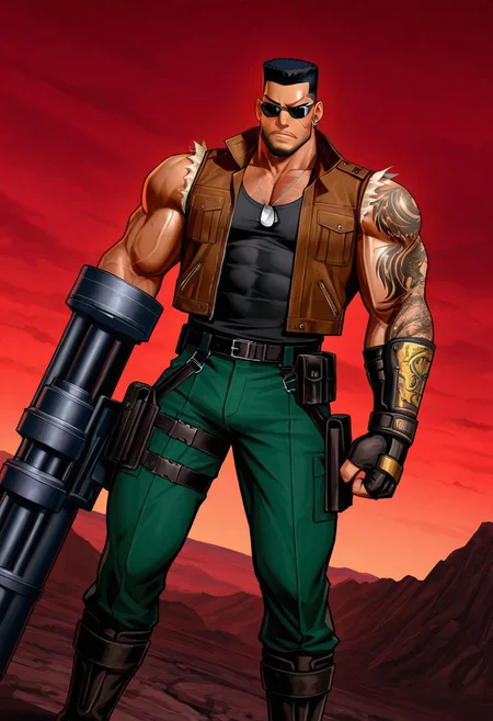 highly detailed, fine skin detail, absurdres, highly-detailed, best quality, masterpiece, very aesthetic, dutch angle, extreme theme, descension, splitting sky, red sky, eye sky, realisme
Barret, dark skinned, full body, green pants, cropped legs, earrings, male focus, black tanktop, brown jacket, breast pocket, collared jacket, sleeveless jacket, torn sleeves, arm tattoo, facial hair, flattop hair, short hair, strong jaw, black hair, belt, facial scar, scar on face, scar on cheek, dog tags, gun cannon, boots, leather, muscular, muscular male, pecs, abs, muscular arms, large build, huge muscles, manly, mature, bara, beard, pectorals, prothesis, prosthetic arm, strongman waist, broad shoulders, hairy chest, missing right arm, slightly chubby, sunglasses, fingerless glove, stubble, frown, multiple belts, thigh belt, pouch, tight pouch